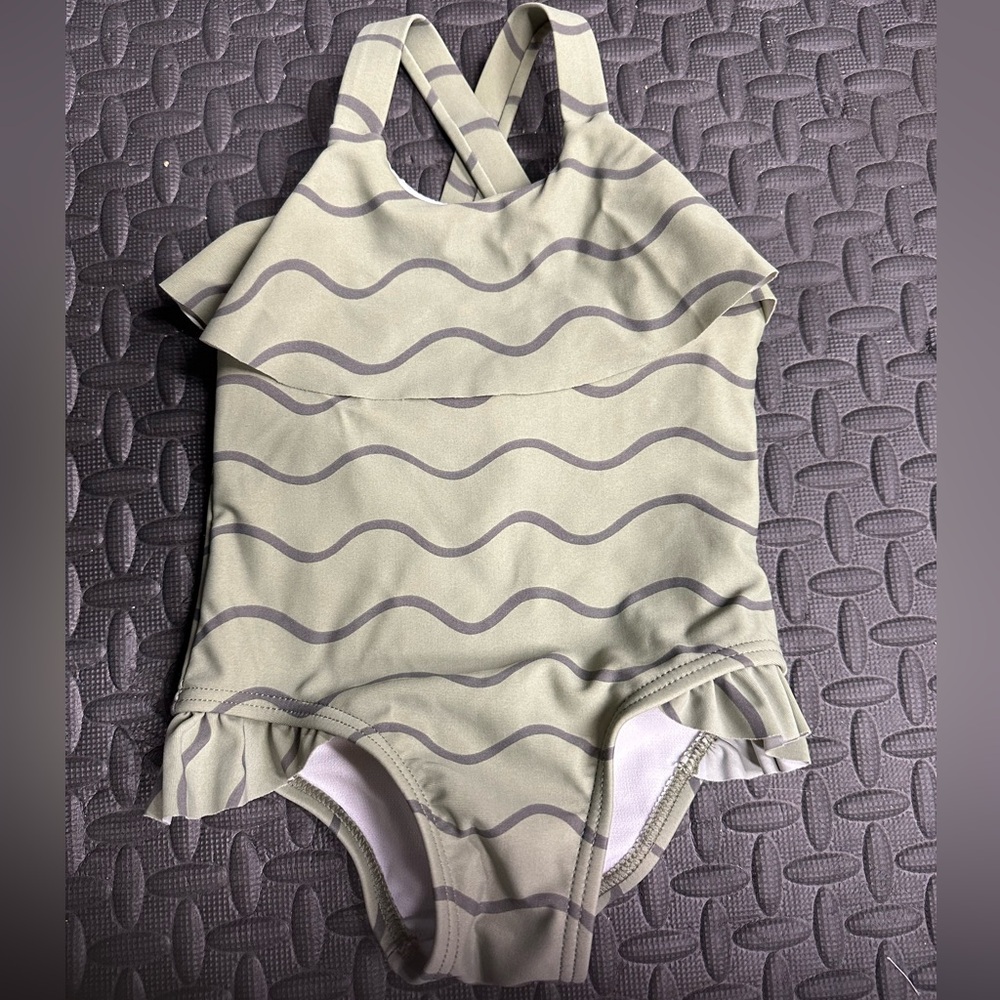 Rylee + Cru Olive and Gray Striped Swimsuit